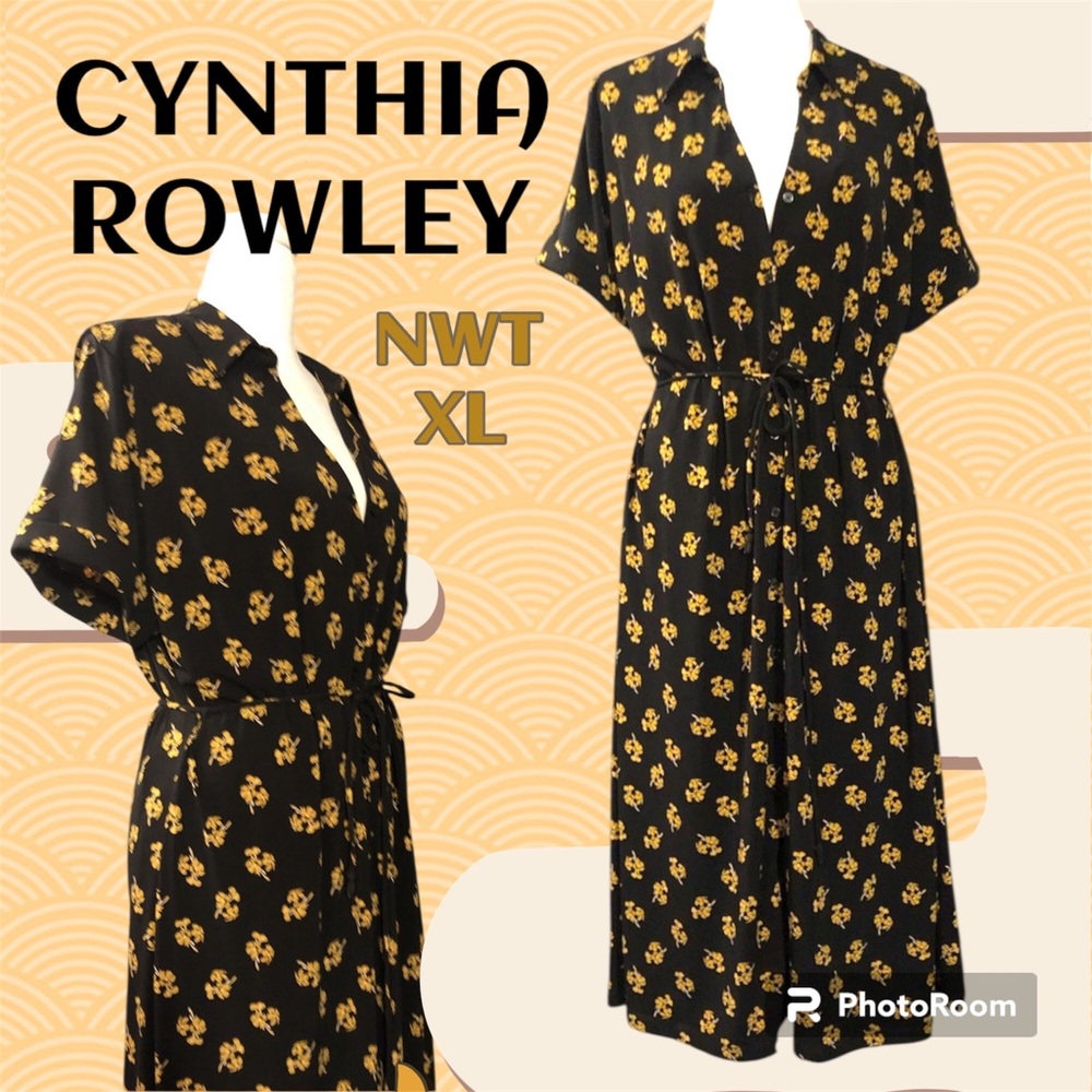 CYNTHIA ROWLEY Dress Womens XL Black Yellow Flower Stretch Button Up Shirt Dress